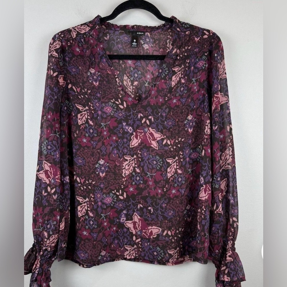 Aqua brand Pink and Burgandy Floral Sheer Blouse